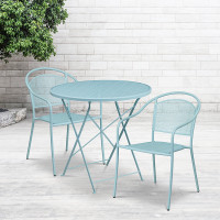Flash Furniture CO-30RDF-03CHR2-SKY-GG 30" Round Steel Folding Patio Table Set with 2 Round Back Chairs in Blue